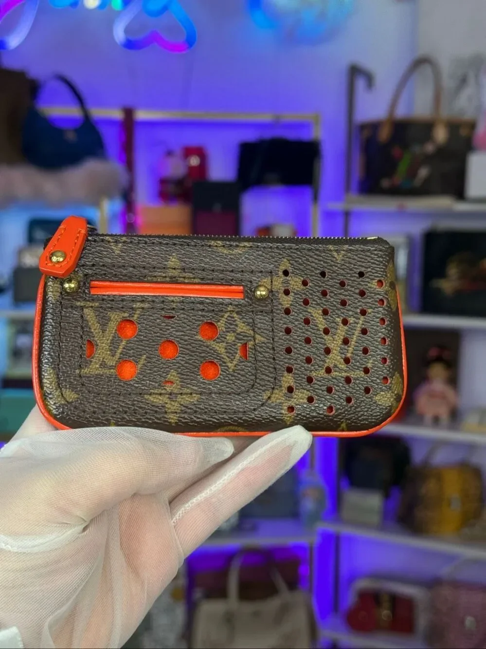 NIB Louis Vuitton Perforated Pochette Cles Orange Monogram Canvas Leather Wallet